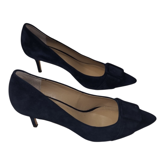 Ann Taylor Women's Buckle Pointy Toe Suede Kitten Heel Pumps Blue Size 8 - Picture 1 of 6